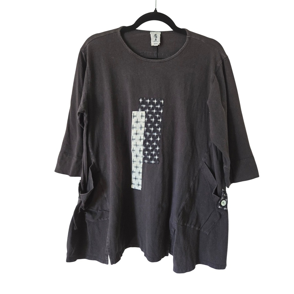 Yasuko Womens S/M Tunic Top Muted Black Patchwork Art to Wear Cotton Pockets